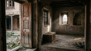 Elderly man standing in an old doorway with a leather satchel