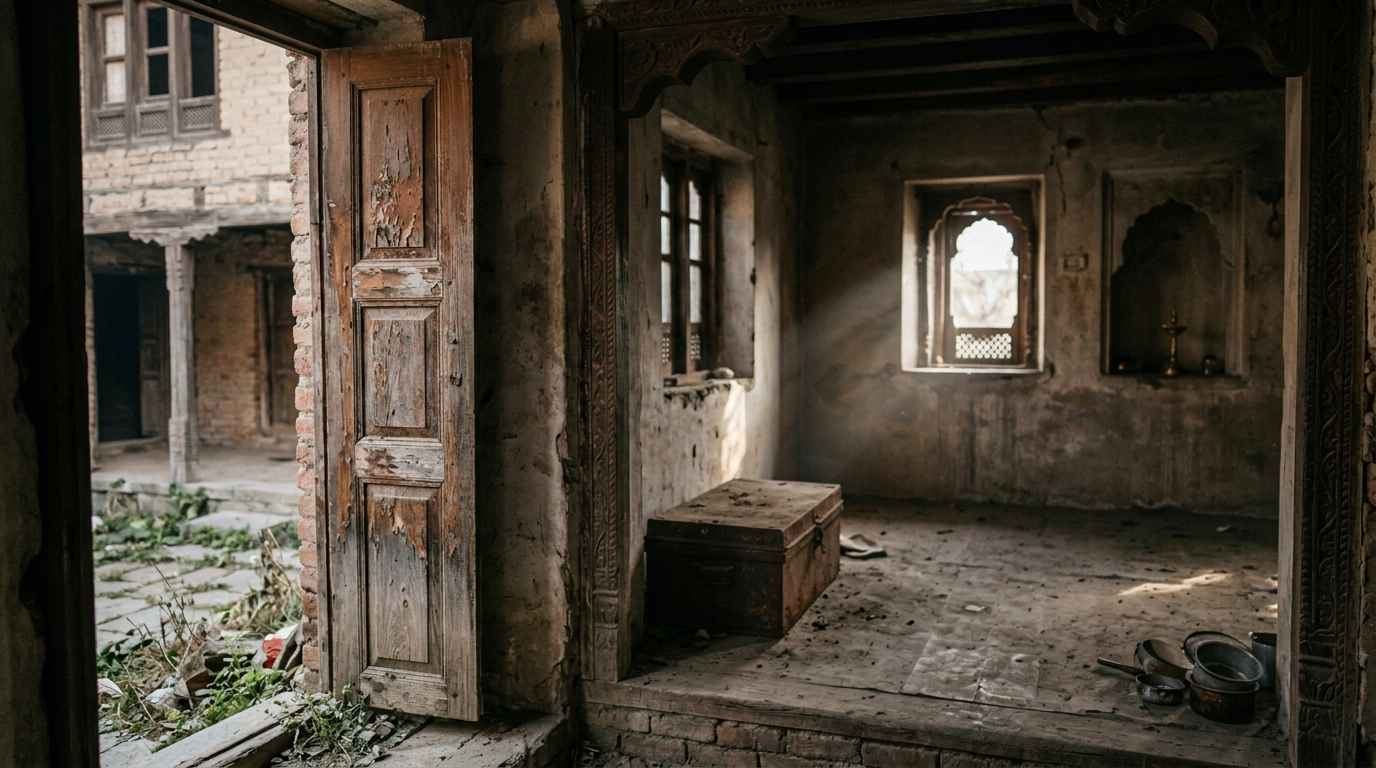 Elderly man standing in an old doorway with a leather satchel