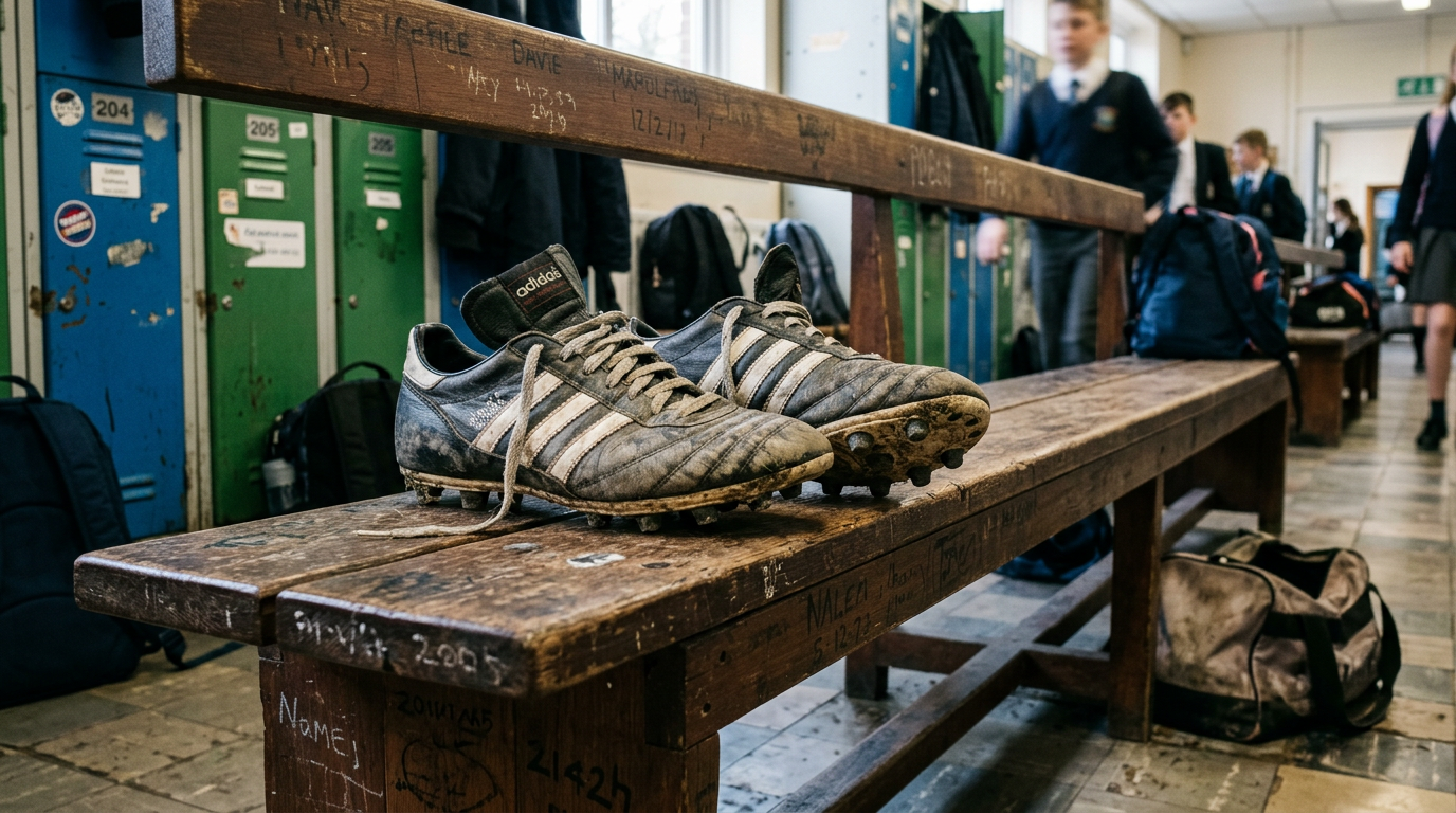Worn Adidas football boots on a wooden changing-room bench